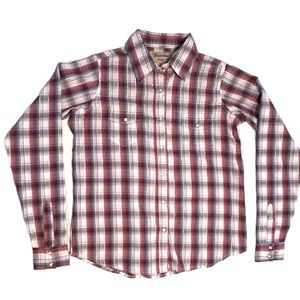 Wrangler Wrancher Womens Medium Pearl Snap Shirt Top Pink Purple Plaid Cowgirl